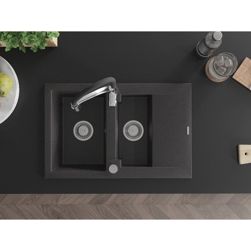 Mexen Gaspar fregadero de granito de 1,5 senos con escurridor y grifo de cocina Aster, negro moteado - 6507-76-73450-07