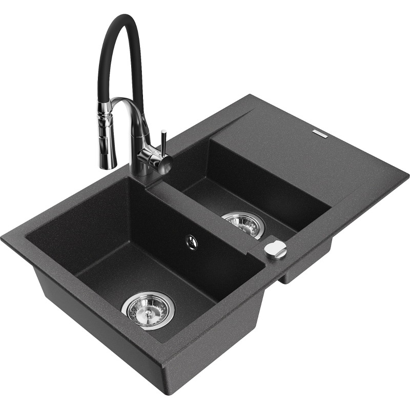 Mexen Gaspar fregadero de granito de 1,5 cubetas con escurridor y grifo de cocina Aster, negro moteado - 6507-76-73450-07