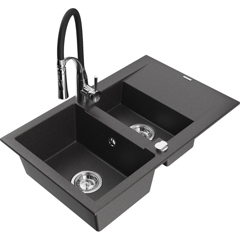 Mexen Gaspar fregadero de granito de 1,5 senos con escurridor y grifo de cocina Aster, negro moteado - 6507-76-73450-07