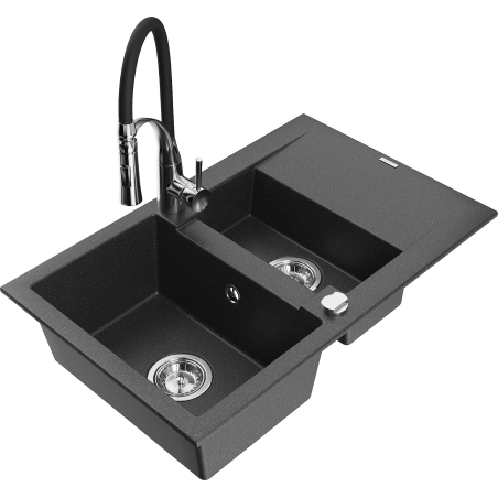 Mexen Gaspar fregadero de granito de 1,5 cubetas con escurridor y grifo de cocina Aster, negro moteado - 6507-76-73450-07