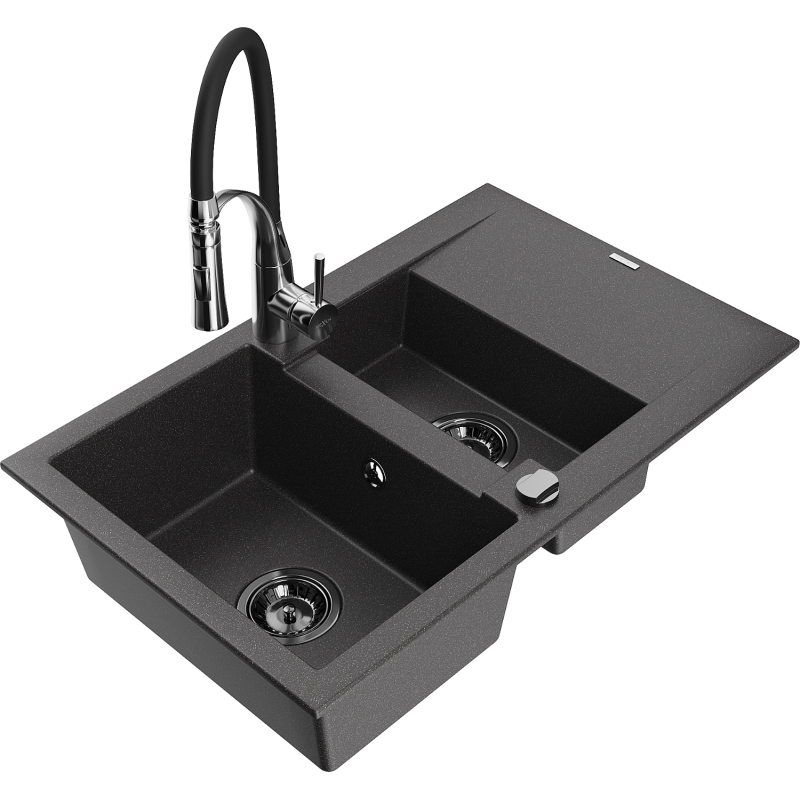 Mexen Gaspar granite sink 1.5-bowl with drainer and Aster kitchen tap, black speckled - 6507-76-73450-07-B