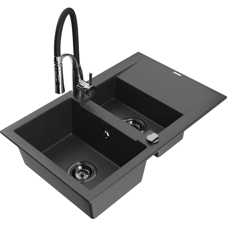 Mexen Gaspar granite sink 1.5-bowl with drainer and Aster kitchen tap, black speckled - 6507-76-73450-07-B
