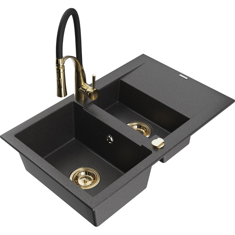 Mexen Gaspar granīta izlietne ar 1,5 nodalījumiem un noteces daļu, un virtuves jaucējkrānu Aster, melns ar šļakstošu