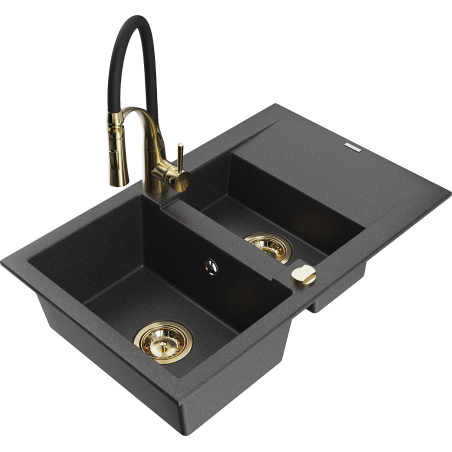 Mexen Gaspar granitāta izlietne 1,5 nodalījuma ar noteci un virtuves krānu Aster, melna ar punktiem - 6507-76-73450-57-G