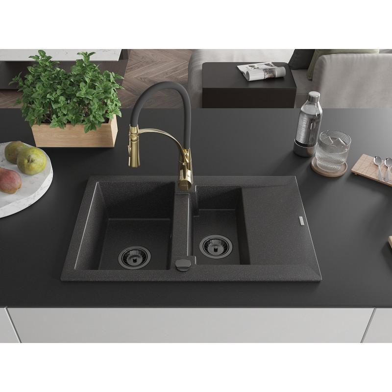 Mexen Gaspar fregadero de granito de 1,5 senos con escurridor y grifo de cocina Aster, negro moteado - 6507-76-73450-57-B