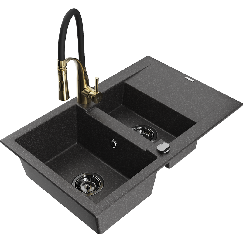 Mexen Gaspar granite sink 1.5-bowl with drainer and Aster kitchen tap, speckled black - 6507-76-73450-57-B