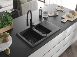 Mexen Gaspar granite sink 1.5-bowl with drainer and Aster kitchen tap, speckled black - 6507-76-73450-70-B
