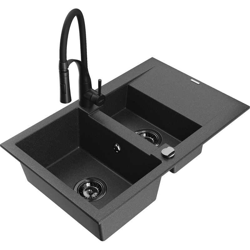 Mexen Gaspar fregadero de granito de 1,5 senos con escurridor y grifo de cocina Aster, negro moteado - 6507-76-73450-70-B