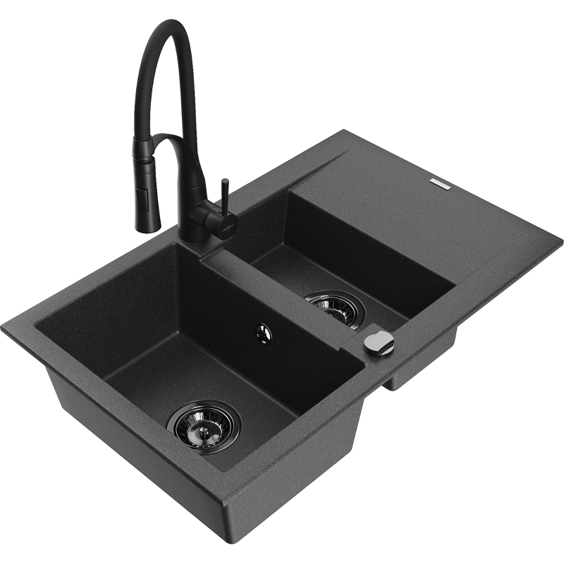 Mexen Gaspar granite sink 1.5-bowl with drainer and Aster kitchen tap, speckled black - 6507-76-73450-70-B