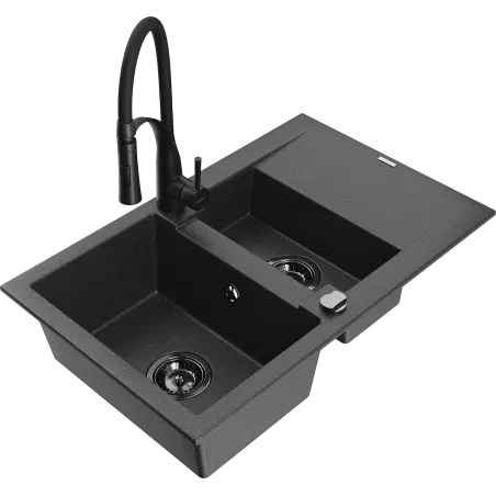 Mexen Gaspar granite sink 1.5-bowl with drainer and Aster kitchen tap, speckled black - 6507-76-73450-70-B