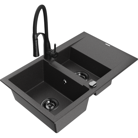 Mexen Gaspar Granitspüle 1,5-fach mit Abtropffläche und Küchenarmatur Aster, schwarz gesprenkelt - 6507-76-73450-70-B
