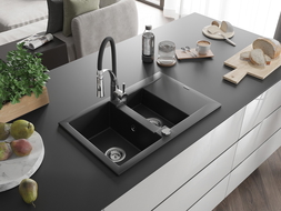 Mexen Gaspar granite sink 1.5-bowl with drainer and Aster kitchen tap, black - 6507-77-73450-07
