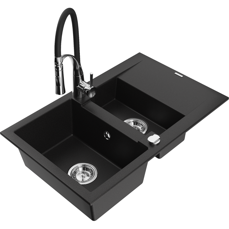 Mexen Gaspar fregadero de granito 1,5 cubetas con escurridor y grifo de cocina Aster, negro - 6507-77-73450-07