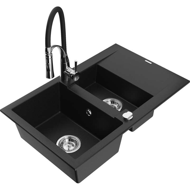 Mexen Gaspar Granit-Spullsteen 1,5-Chamber mat Oflaaf an Kichekraaft Aster, schwaarz - 6507-77-73450-07