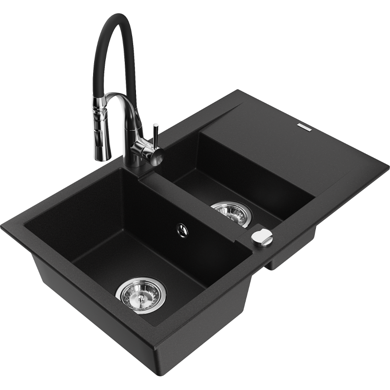 Mexen Gaspar lava-loiça de granito de 1,5 bacias com escorredor e torneira de cozinha Aster, preto - 6507-77-73450-07