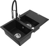 Mexen Gaspar granite sink 1.5-bowl with drainer and Aster kitchen tap, black - 6507-77-73450-07