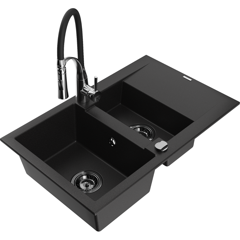Mexen Gaspar granitdiskbänk 1,5-fack med avrinning och kökskran Aster, svart - 6507-77-73450-07-B