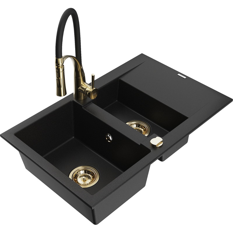 Mexen Gaspar fregadero de granito de 1,5 senos con escurridor y grifo de cocina Aster, negro - 6507-77-73450-57-G