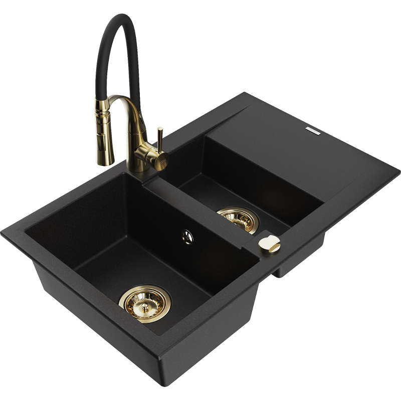 Mexen Gaspar lava-louça em granito de 1,5 bacias com escorredor e torneira de cozinha Aster, preto - 6507-77-73450-57-G