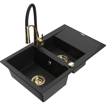 Mexen Gaspar granitische spoelbak 1,5-komorige met afdruiprek en keukenmengkraan Aster, zwart - 6507-77-73450-57-G