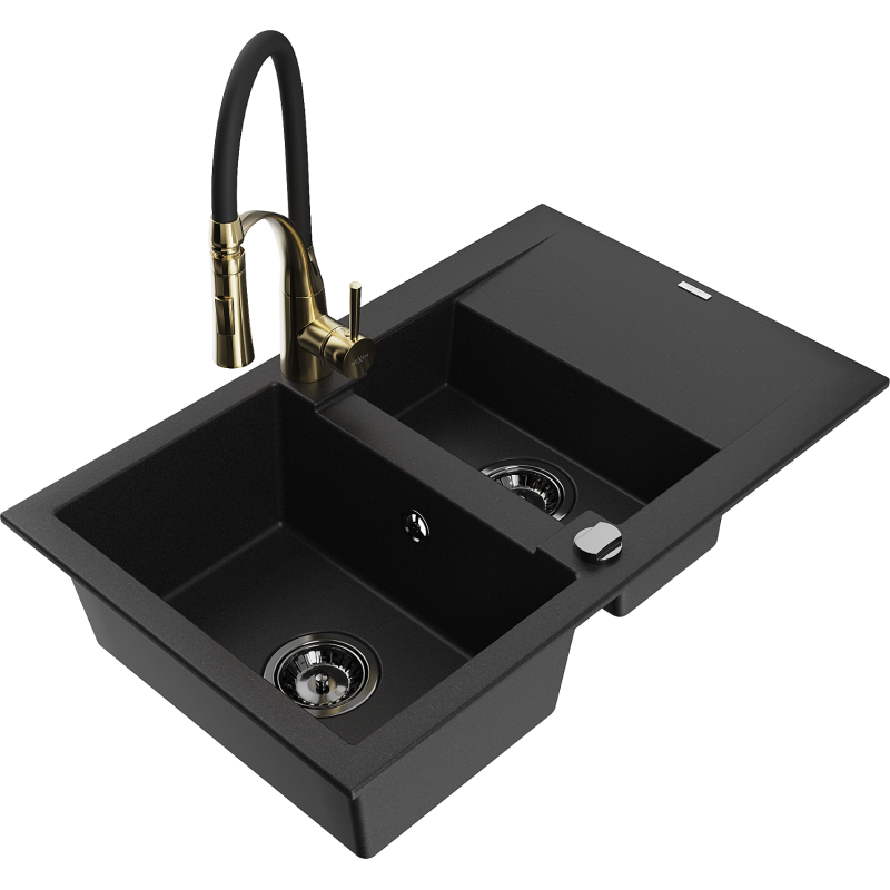 Mexen Gaspar 1.5-bowl granite sink with drainer and Aster kitchen tap, black - 6507-77-73450-57-B