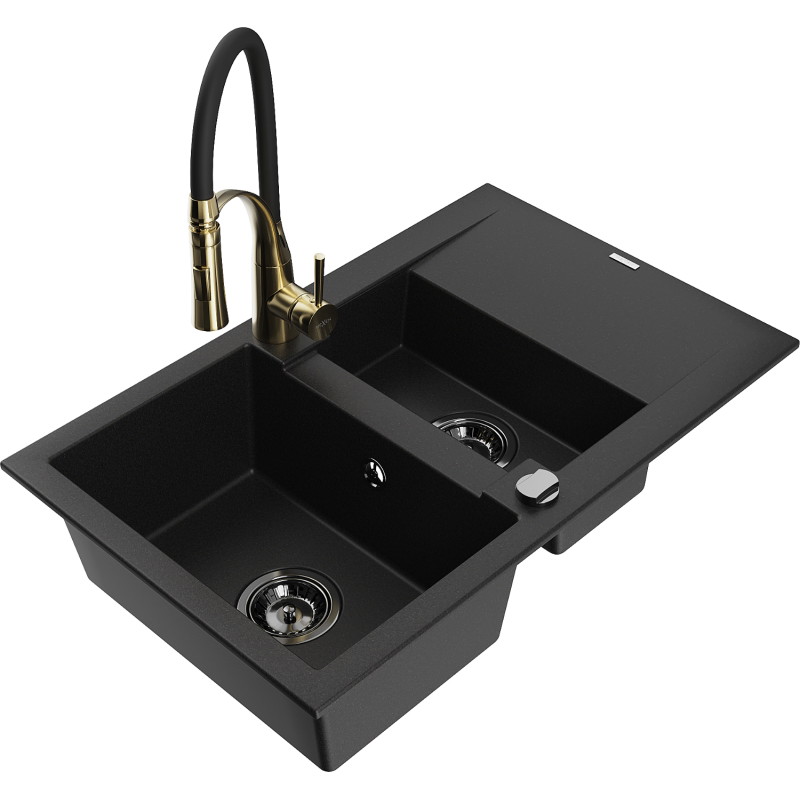 Mexen Gaspar évier en granit à 1,5 cuve avec égouttoir et mitigeur de cuisine Aster, noir - 6507-77-73450-57-B
