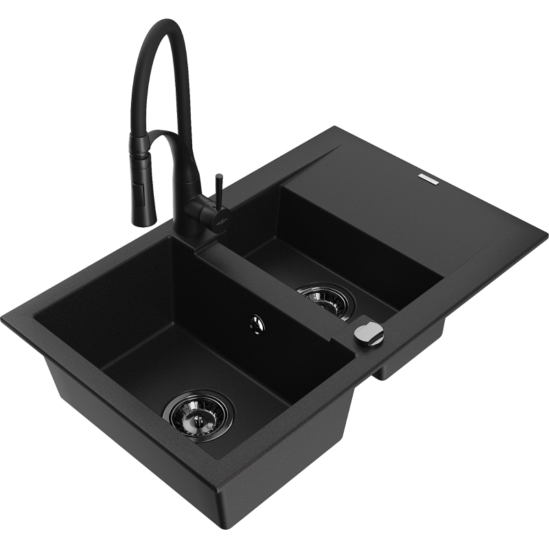 Mexen Gaspar fregadero de cocina de granito 1.5 cuencas con escurridor y grifo de cocina Aster, negro - 6507-77-73450-70-B