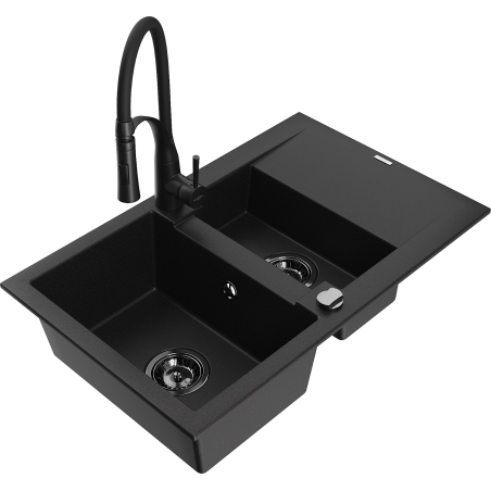 Mexen Gaspar granite sink 1.5-bowl with drainer and Aster kitchen faucet, black - 6507-77-73450-70-B