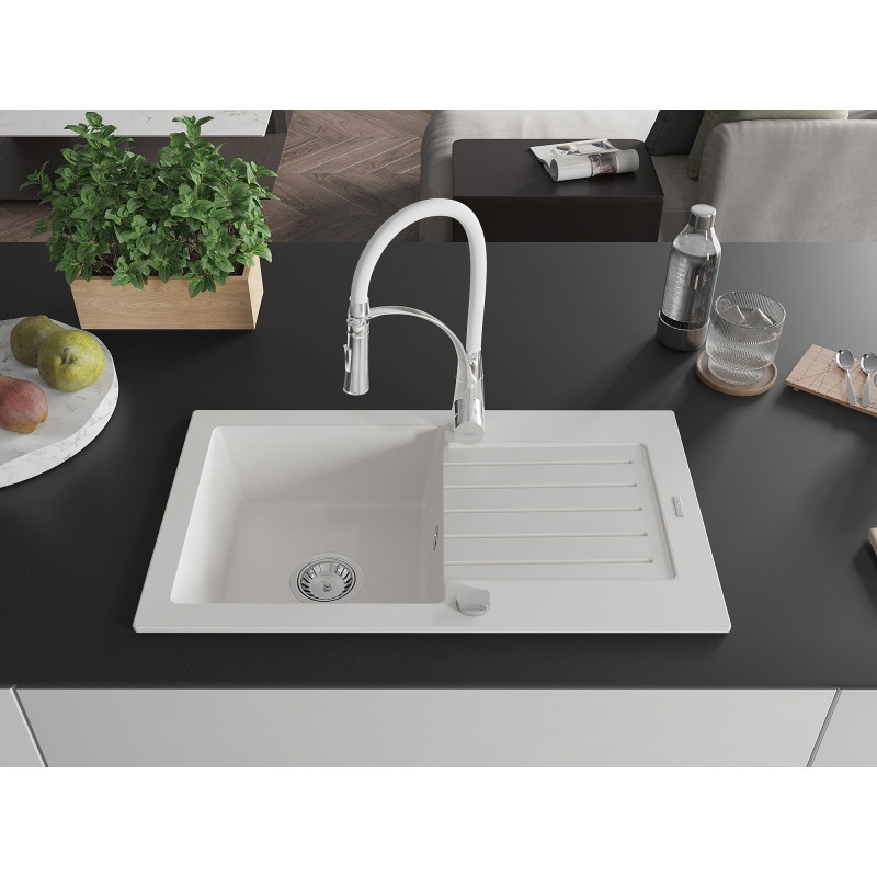 Mexen Pablo fregadero de granito de 1 seno con escurridor y grifo de cocina Aster, blanco - 6510-20-73450-02
