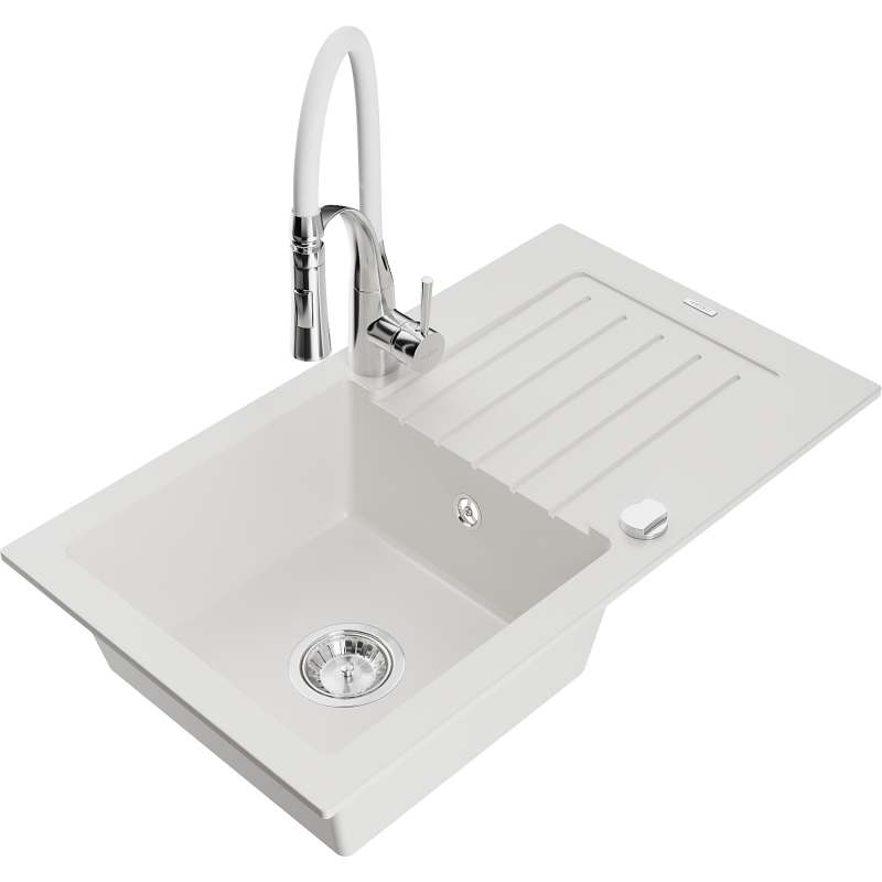 Mexen Pablo granite sink 1-bowl with drainer and Aster kitchen tap, white - 6510-20-73450-02