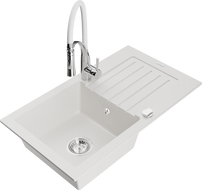 Mexen Pablo granite sink 1-bowl with drainer and Aster kitchen tap, white - 6510-20-73450-02