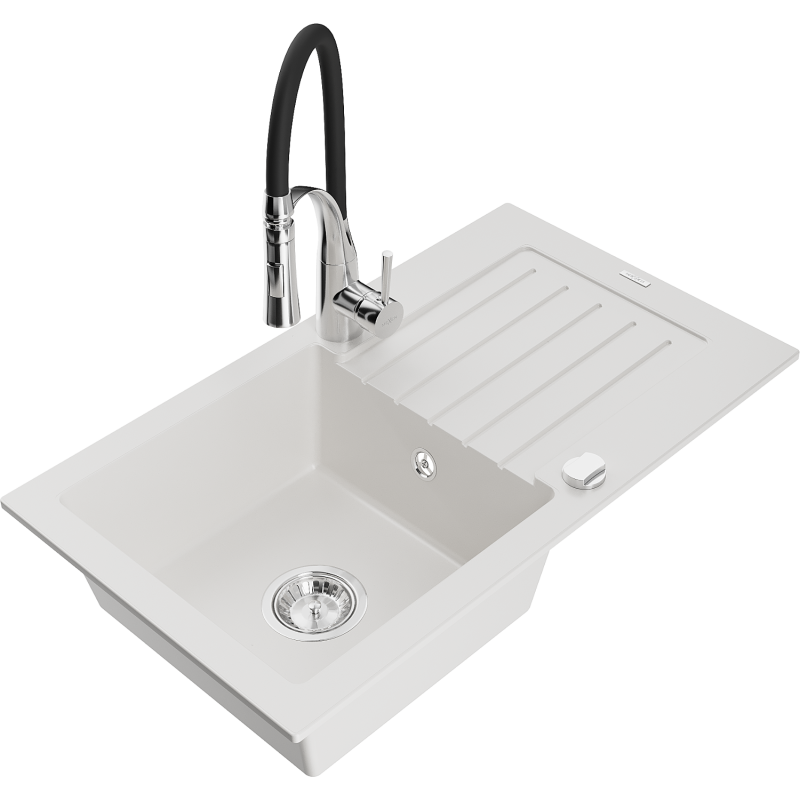 Mexen Pablo lava-loiça de granito de 1 cubas com escorredor e torneira de cozinha Aster, branco - 6510-20-73450-07