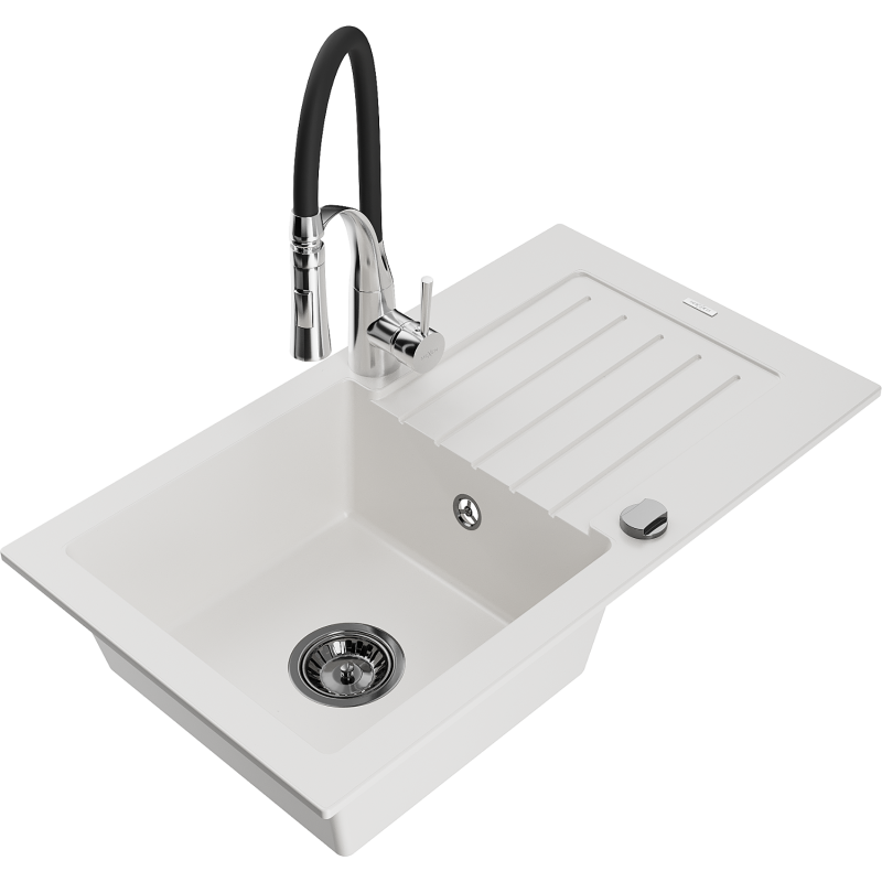 Mexen Pablo lava-loiça de granito 1-cuba com escorredor e torneira de cozinha Aster, branco - 6510-20-73450-07-B