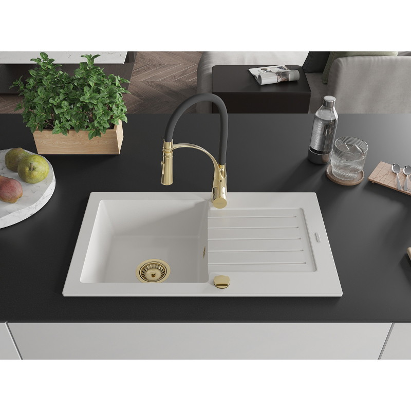 Mexen Pablo granit gootsteen 1-kamer met afdruiprek en keukenmengkraan Aster, wit - 6510-20-73450-57-G