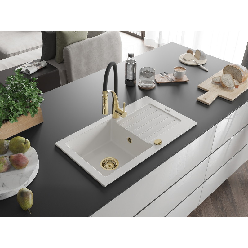 Mexen Pablo lavello in granito a 1 vasca con scolapiatti e miscelatore da cucina Aster, bianco - 6510-20-73450-57-G