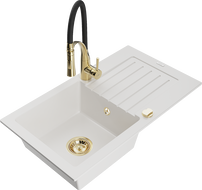 Mexen Pablo granite sink 1-bowl with drainer and Aster kitchen tap, white - 6510-20-73450-57-G
