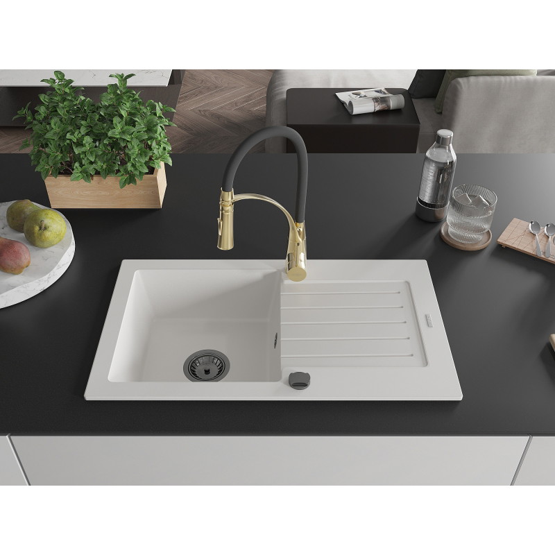 Mexen Pablo fregadero de granito de 1 seno con escurridor y grifo de cocina Aster, blanco - 6510-20-73450-57-B