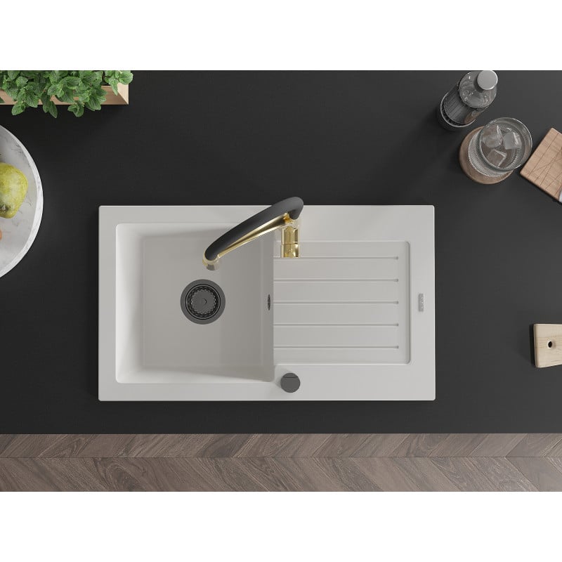 Mexen Pablo fregadero de granito de 1 cubeta con escurridor y grifo de cocina Aster, blanco - 6510-20-73450-57-B
