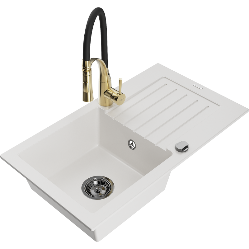 Mexen Pablo 1-bowl granite sink with drainer and Aster kitchen tap, white - 6510-20-73450-57-B