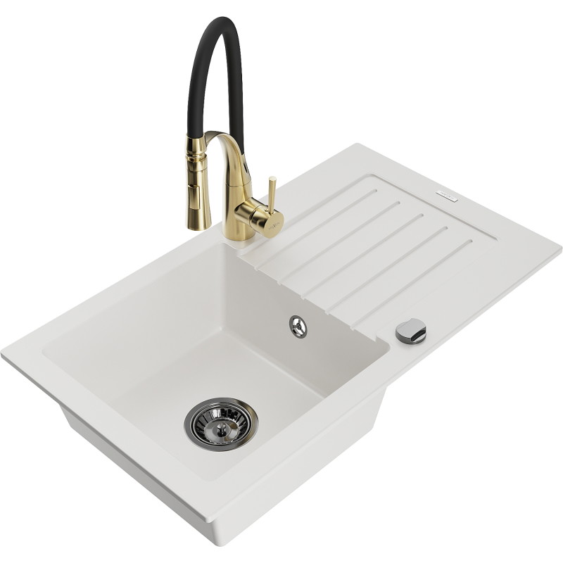 Mexen Pablo fregadero de granito de 1 seno con escurridor y grifo de cocina Aster, blanco - 6510-20-73450-57-B