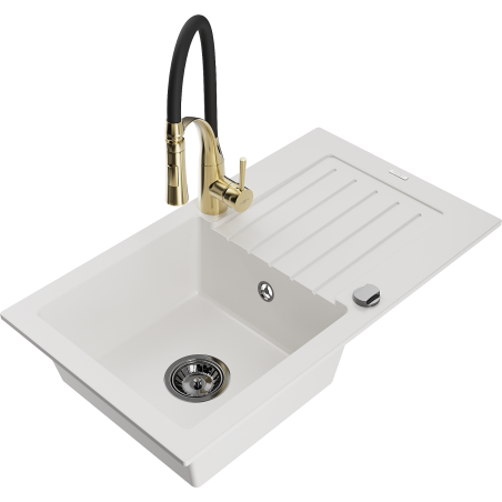 Mexen Pablo 1-bowl granite sink with drainer and Aster kitchen tap, white - 6510-20-73450-57-B