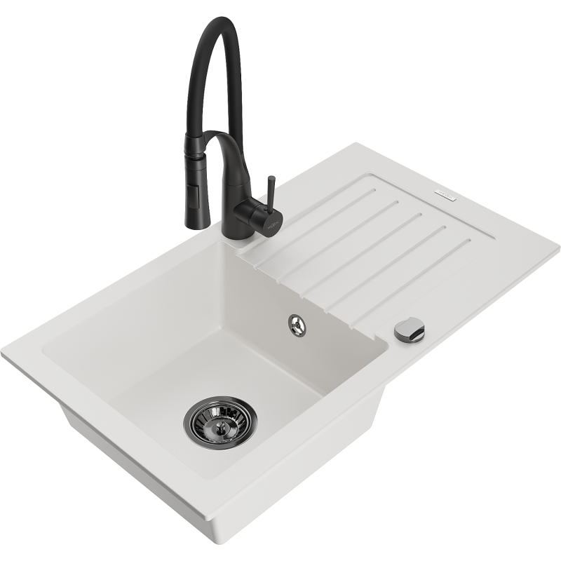 Mexen Pablo fregadero de granito de 1 cubeta con escurridor y grifo de cocina Aster, blanco - 6510-20-73450-70-B
