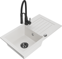 Mexen Pablo évier en granit 1 cuve avec égouttoir et robinet de cuisine Aster, blanc - 6510-20-73450-70-B