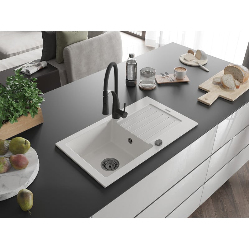 Mexen Pablo fregadero de granito de 1 cubeta con escurridor y grifo de cocina Aster, blanco - 6510-20-73450-70-B