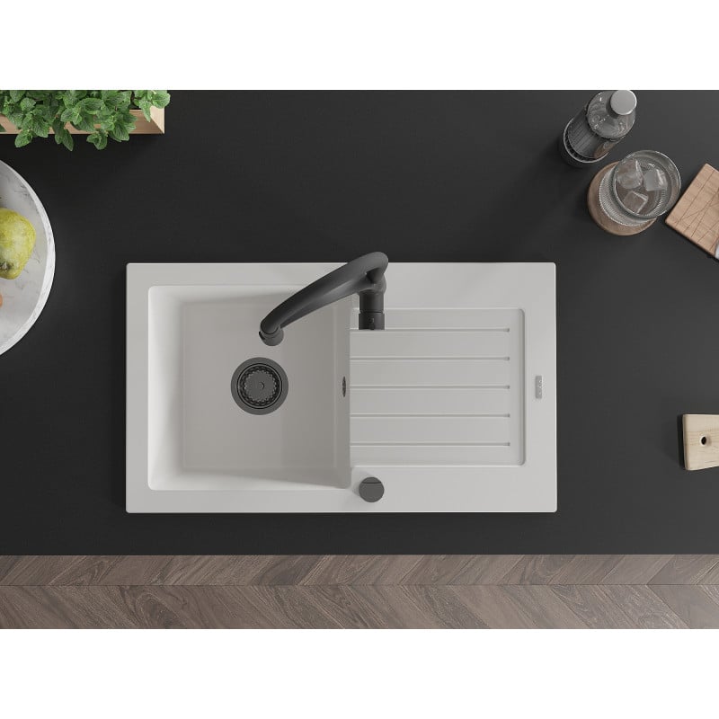 Mexen Pablo fregadero de granito de 1 cubeta con escurridor y grifo de cocina Aster, blanco - 6510-20-73450-70-B