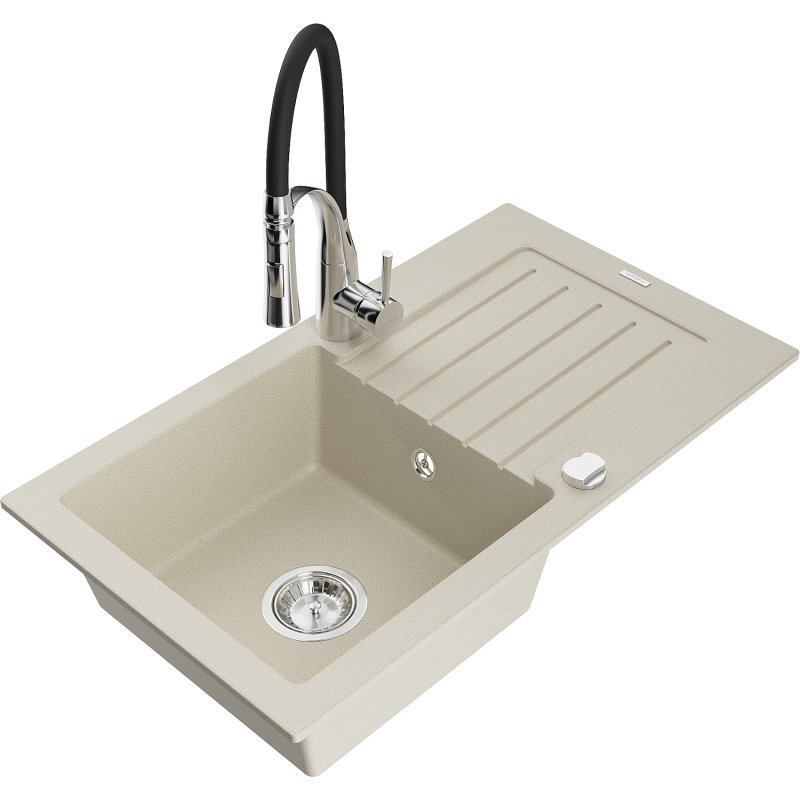 Mexen Pablo granite sink 1-bowl with drainer and Aster kitchen tap, beige - 6510-69-73450-07