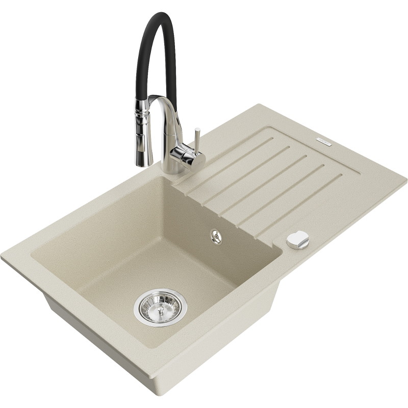 Mexen Pablo Granitspüle, 1-Becken mit Abtropffläche und Küchenarmatur Aster, beige - 6510-69-73450-07