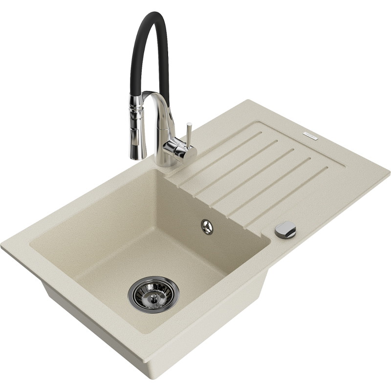 Mexen Pablo granitische spoelbak 1-compartiment met afdruiprek en keukenmengkraan Aster, beige - 6510-69-73450-07-B