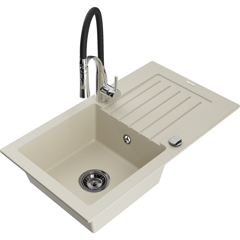 Mexen Pablo lavello in granito a 1 vasca con scolapiatti e rubinetto da cucina Aster, beige - 6510-69-73450-07-B