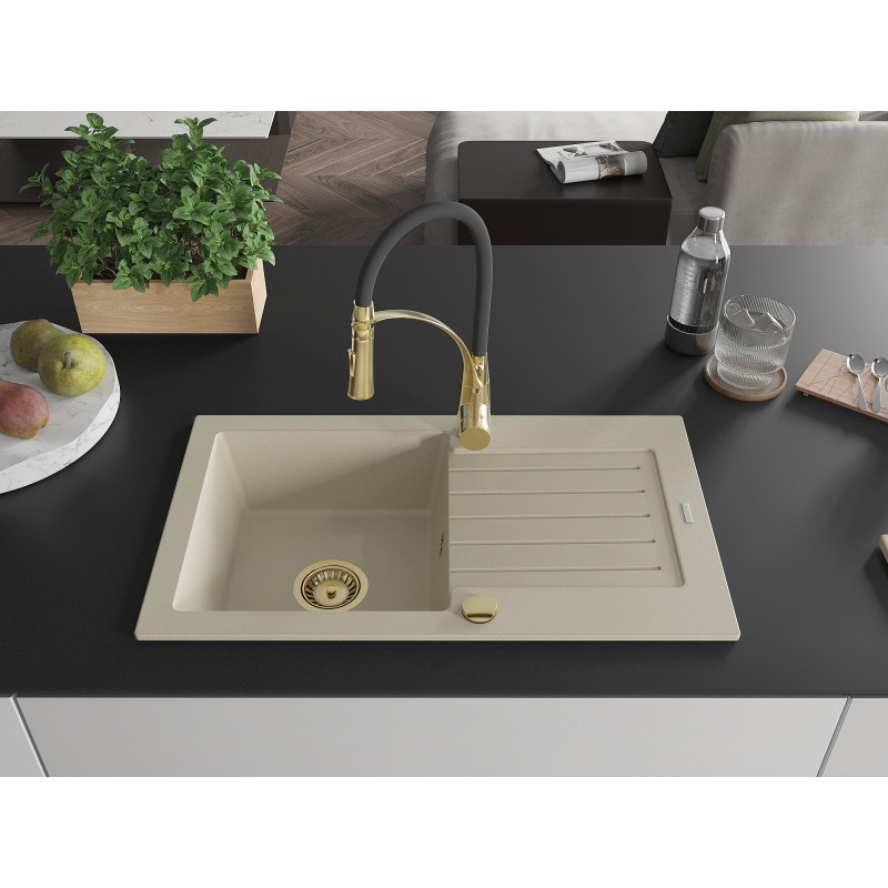 Mexen Pablo granitische gootsteen 1-komorige met afdruiprek en keukenmengkraan Aster, beige - 6510-69-73450-57-G